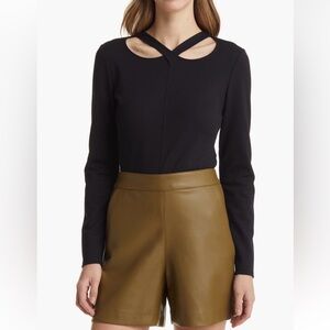 Halogen Black Long Sleeve Top with Strappy V-Neck | Size M